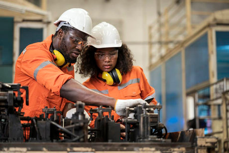 domestic metal fabrication workshop with team working efficiently on production
