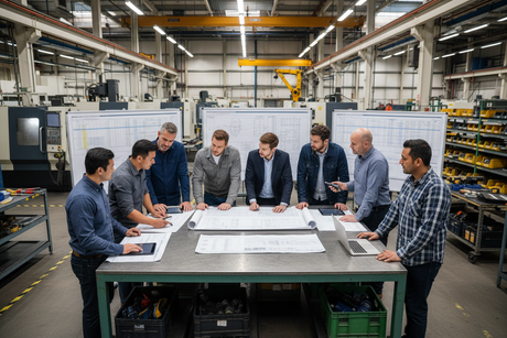 fabrication team planning production workflow and outsourcing decisions in workshop
