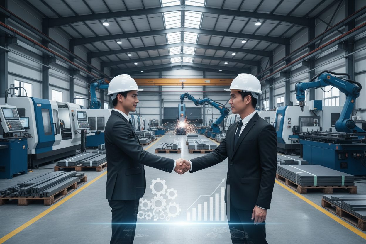 industrial fabrication partnership meeting between team and client in workshop