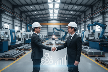 industrial fabrication partnership meeting between team and client in workshop